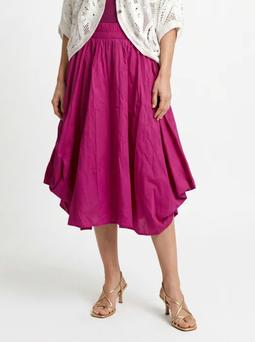 Fusta midi cu colturi, din in mercerizat, fucsia