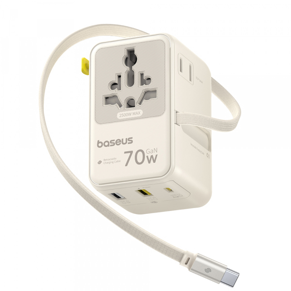 Incarcator Retea Cu Cablu USB-C Baseus Travel EnerCore CG11, 70W, 2 x Priza - 1 x USB-C - 2 x USB-A, Alb E0307E01