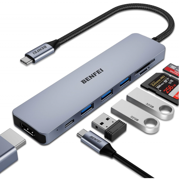 Hub USB-C Benfei, 3 x USB-A 3.0 - 1 x USB-C - 1 x HDMI - 1 x SD - 1 x microSD, Gri