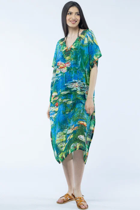 Rochie lunga de plaja tip poncho cu imprimeu dupa   Nuferii   de Claude Monet