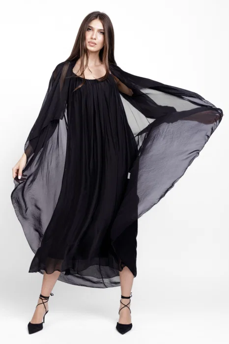 Compleu cu rochie si blazer din matase si vascoza, negru