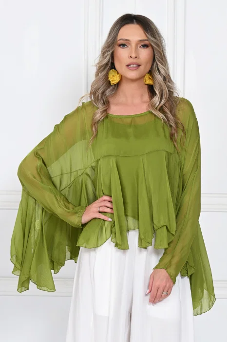 Bluza din matase naturala si vascoza cu volane tip cascada, croi lejer, verde olive