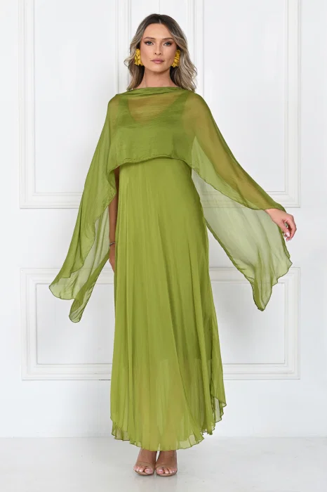 Capa dama din matase si vascoza tip kimono, croi fluid pentru layering, verde olive