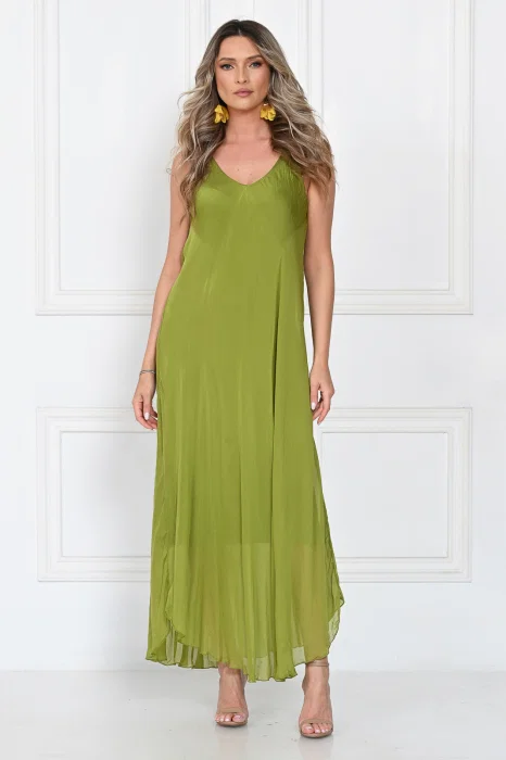 Rochie lunga din matase cu croi fluid si bretele fine, eleganta, verde olive
