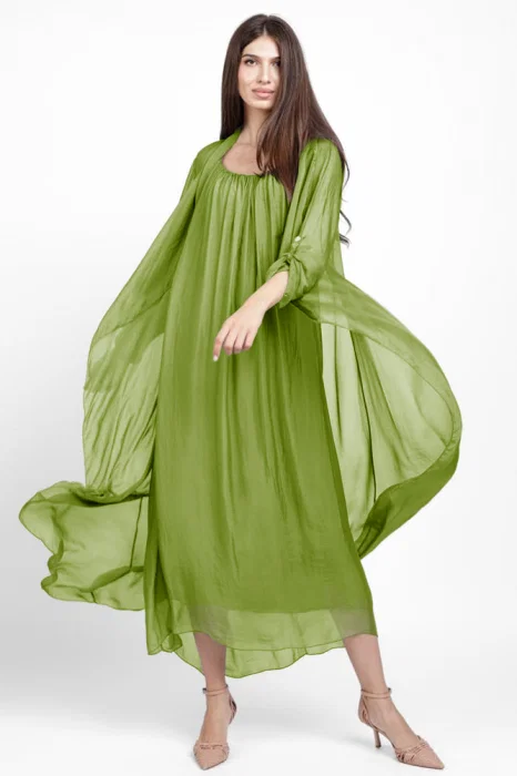 Compleu cu rochie si blazer din matase si vascoza, verde oliv