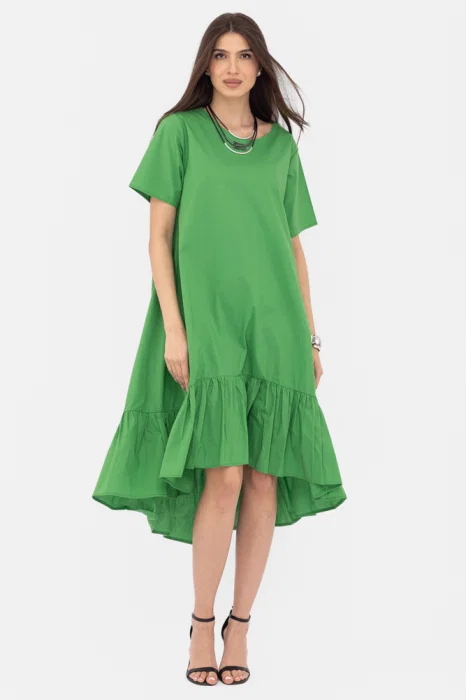 Rochie A-line din poplin, asimetrica, cu volan la baza, verde