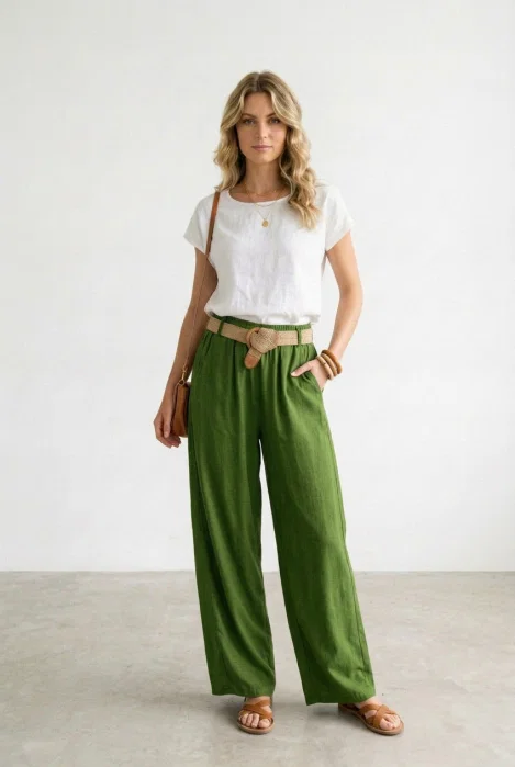 Pantaloni dama lejeri din tencel, cu talie elastica si curea, verde olive
