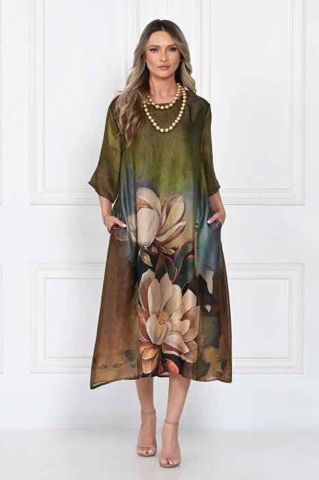Rochie eleganta satinata A-line cu imprimeu floral artistic si croi lejer fluid, verde-olive-maro-bej