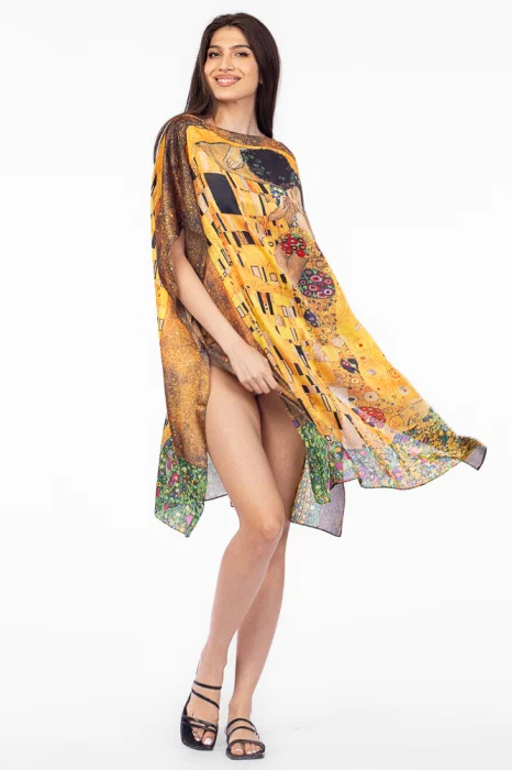Rochie de plaja tip poncho din matase cu model inspirat dupa   Sarutul    de Gustav Klimt