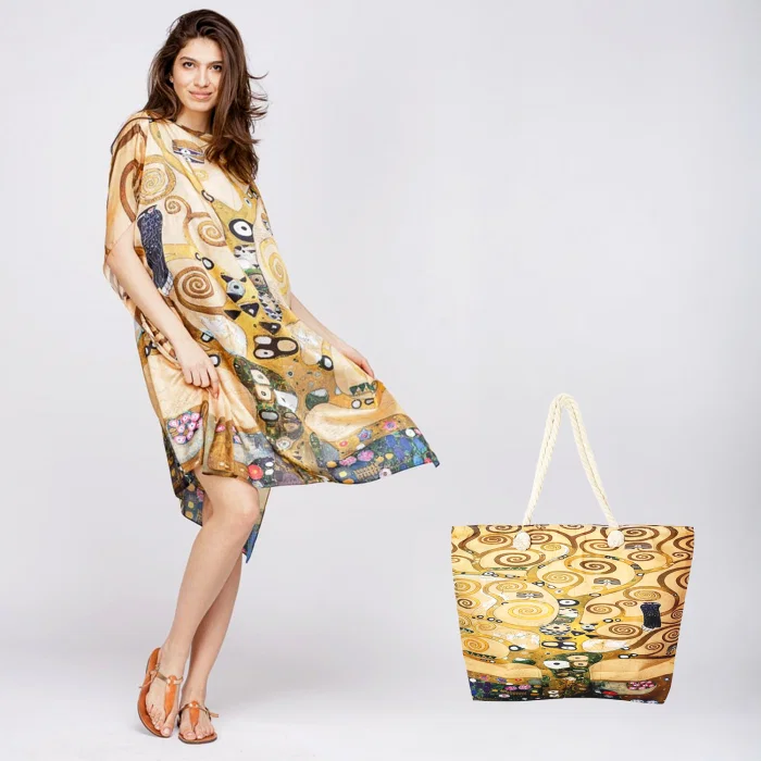Set rochie tip poncho din matase si geanta mare de vara, model inspirat dupa    Pomul Vietii    - Gustav Klimt