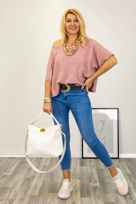 Pulover versatil cu maneca fluture din vascoza, roz prafuit
