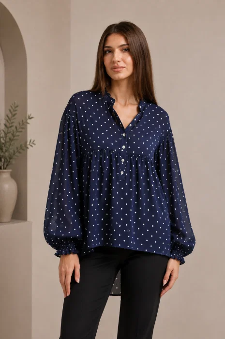 Bluza lejera cu buline albe pe fond bleumarin din matase cu vascoza
