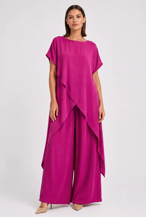 Compleu dama elegant din vascoza cu tunica asimetrica si pantaloni palazzo, magenta