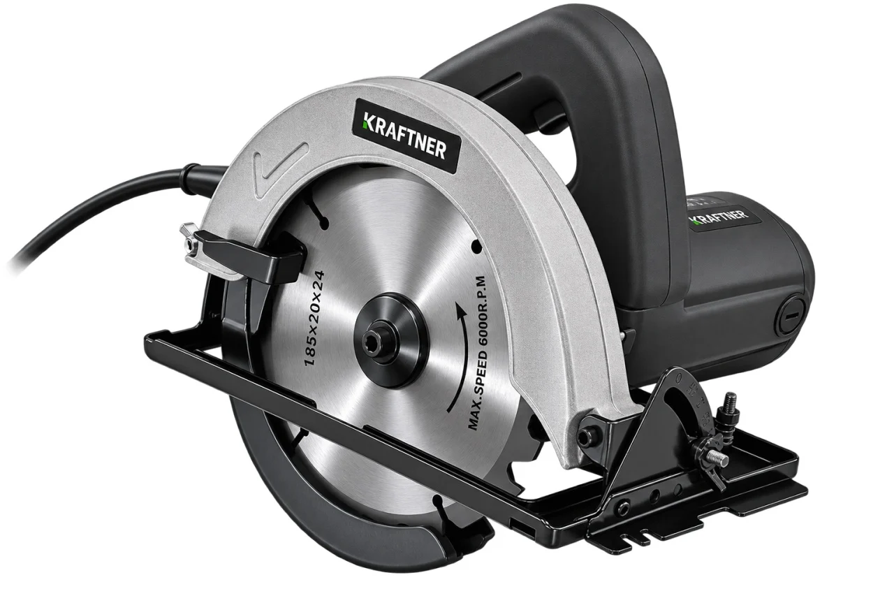 Fierastrau circular 1400W, 5300rot/min, disc 185mm, taiere 65mm la 90°, reglaj unghi 45°, sina de ghidare, KRAFTNER KF-1805