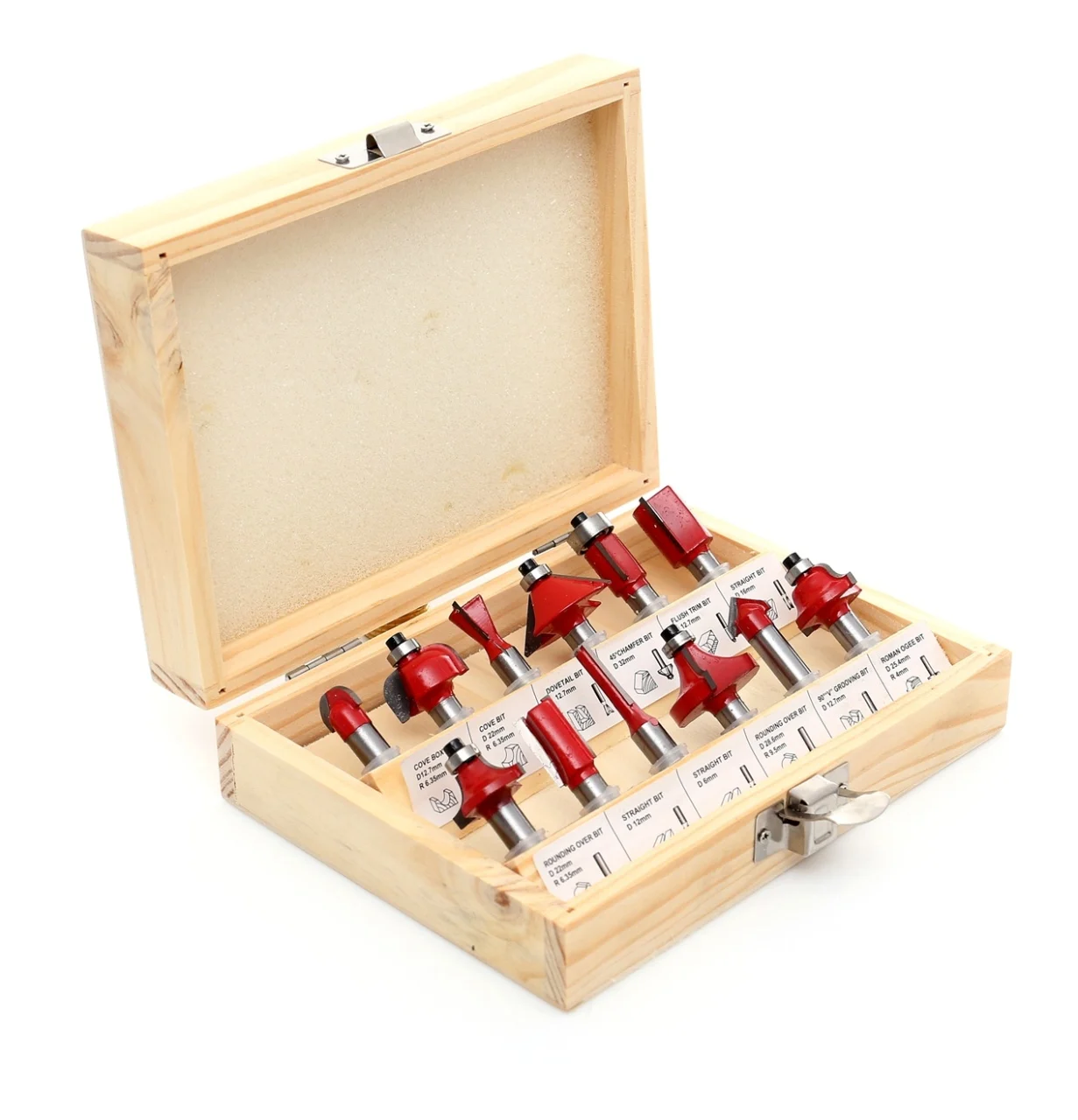 Set 12 freze pentru lemn 8 mm, profile drepte, V, 45°, core box si coada de delfin, pentru masina de frezat verticala, KRAFTNER KF-3088