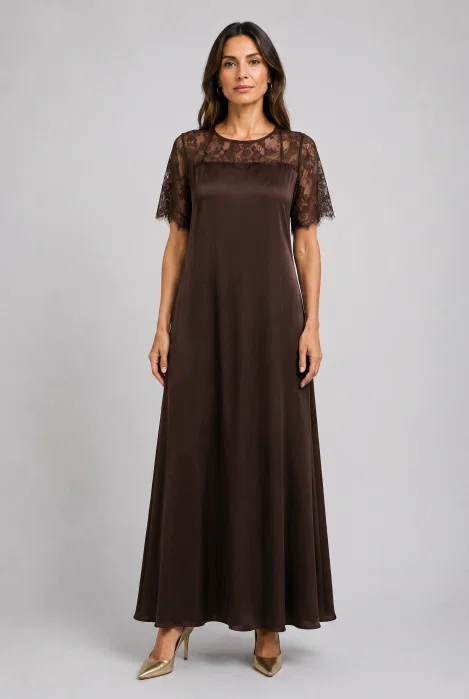 Rochie maxi A-line din satin matase si vascoza, insertii din dantela si croi fluid, maro