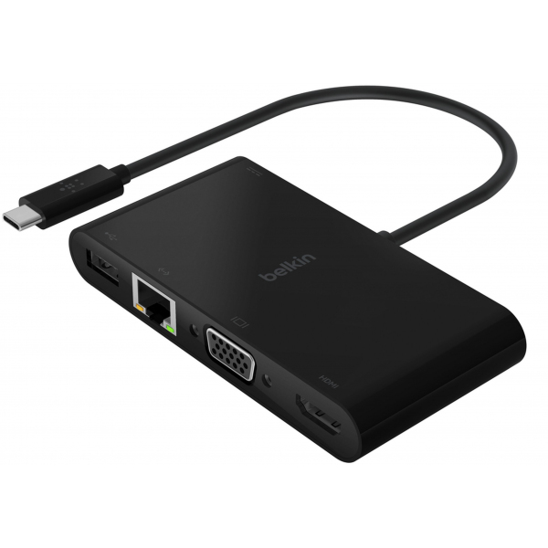 Hub USB-C Belkin Connect, 1 x USB-A 3.0 - 1 x USB-C - 1 x HDMI - 1 x VGA - 1 x RJ45, Negru AVC004btBK