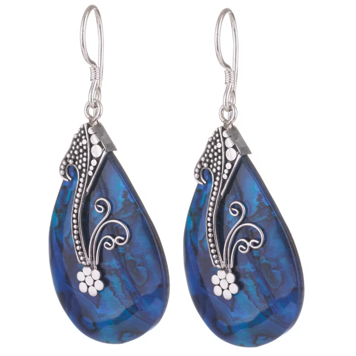 Cercei din argint 925 cu scoica naturala paua shell albastra si decoratiune florala de argint