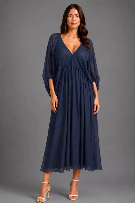 Rochie lunga din matase si vascoza, cu maneci ample si decolteu adanc, bleumarin