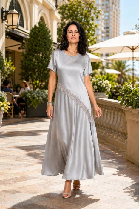 Rochie lunga dama din satin de matase si vascoza cu insertie din dantela - argintiu