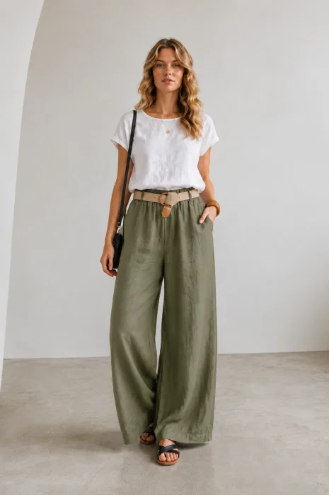 Pantaloni dama lejeri din in, cu talie elastica si curea, kaki