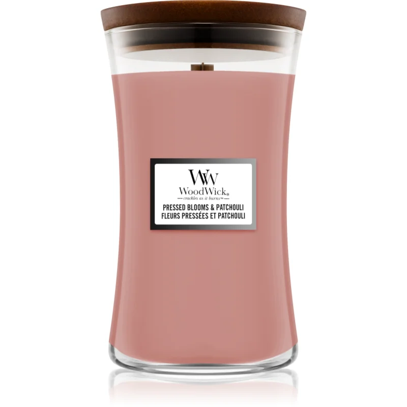 Woodwick Pressed Blooms & Patchouli lumânare parfumată cu fitil din lemn 609.5 g