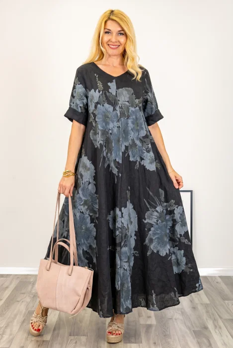 Rochie maxi din in foarte ampla cu imprimeu floral, pe fond negru