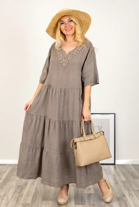 Rochie oversize cu volane si broderie la decolteu, din in bej inchis