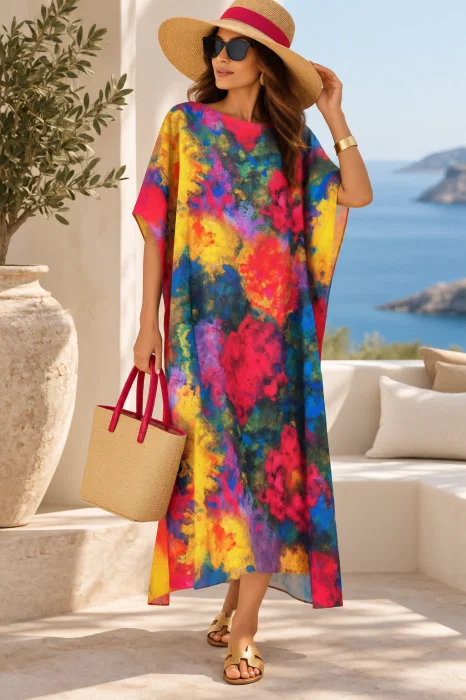 Rochie de plaja lunga tip poncho din matase cu peisaj cu gradini stilizate multicolore