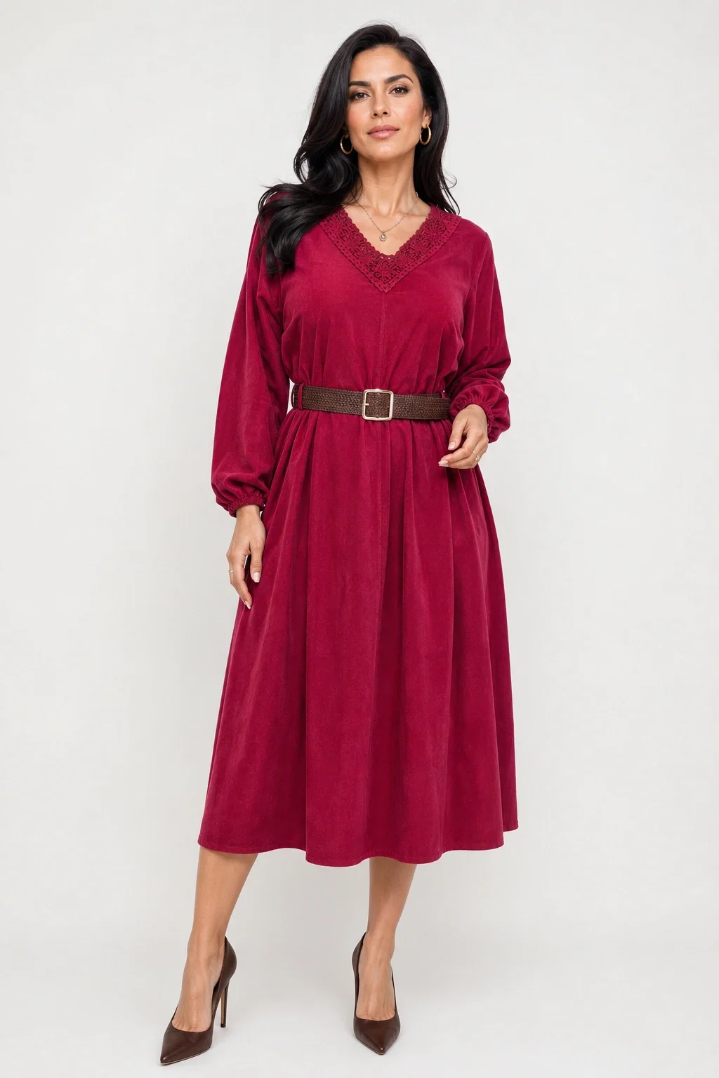 Rochie midi din catifea reiata de bumbac cu dantela si curea, bordo
