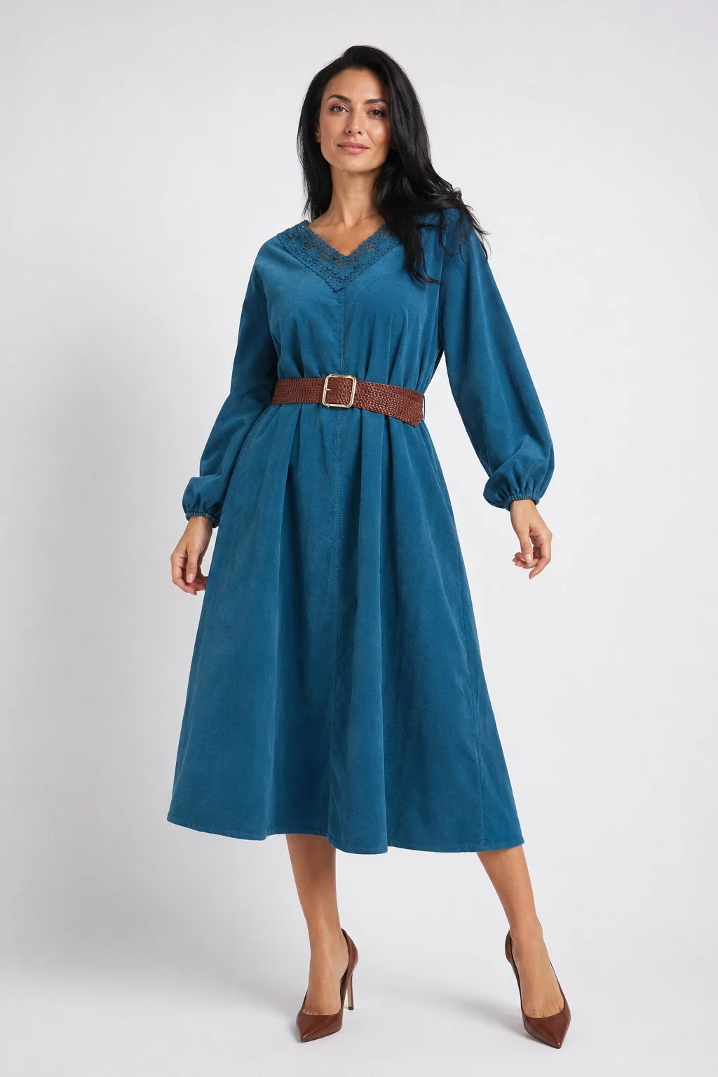 Rochie midi din catifea reiata de bumbac cu dantela si curea, turcoaz