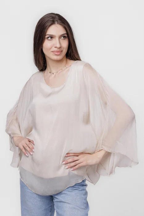 Bluza din matase si vascoza cu maneca clopot, bej
