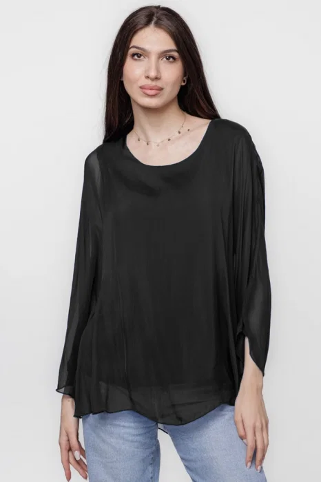 Bluza din matase si vascoza cu maneca clopot, neagra