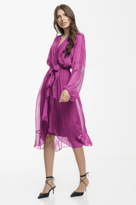 Rochie eleganta din matase si vascoza, petrecuta, cu maneci vaporoase si croiala asimetrica, mov zmeura
