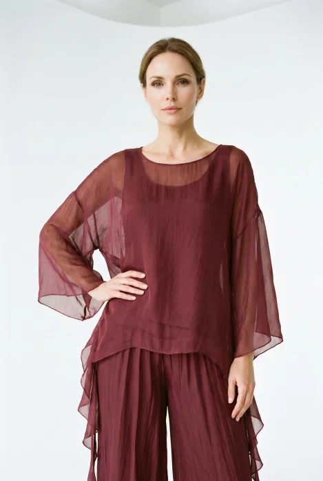 Bluza dama din matase si vascoza cu colturi fluide si maneci fluture, bordo