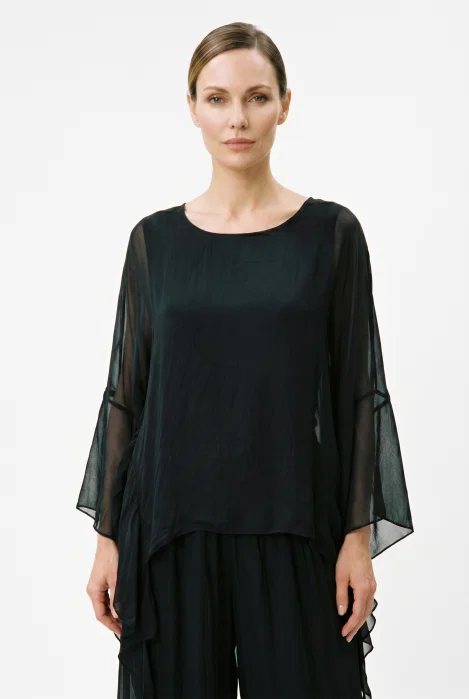 Bluza dama din matase si vascoza cu colturi fluide si maneci fluture, neagra