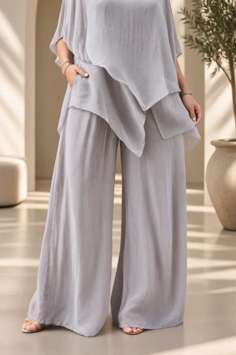 Pantaloni lungi tip palazzo, drepti, cu dublura, din matase si vascoza, grej