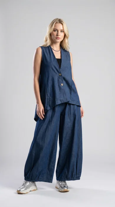 Vesta arhitecturala cu design asimetric, din denim subtire inchis
