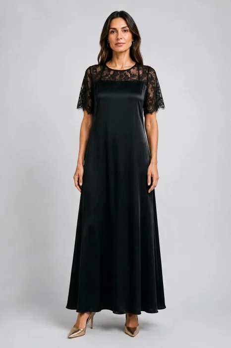 Rochie maxi A-line din satin matase si vascoza, insertii din dantela si croi fluid, neagra