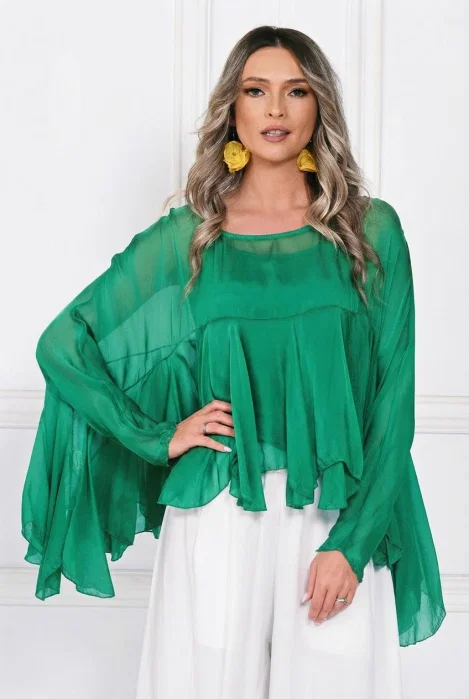Bluza din matase naturala si vascoza cu volane tip cascada, croi lejer, verde smarald