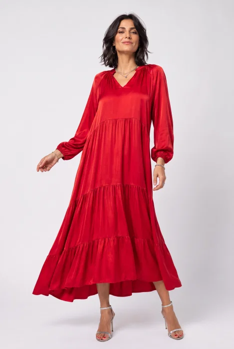 Rochie lunga din satin cu matase si vascoza, croi amplu cu volane - rosie