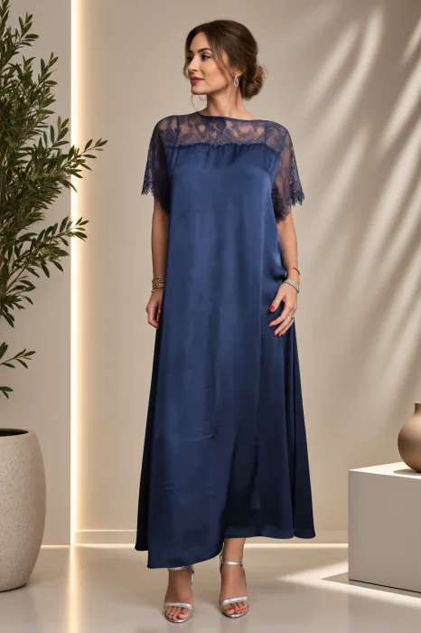 Rochie maxi A-line din satin matase si vascoza, insertii din dantela si croi fluid, bleumarin