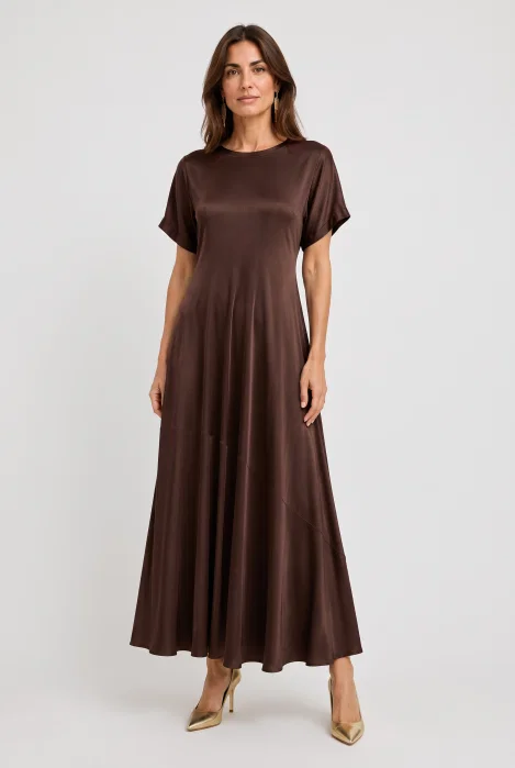 Rochie lunga din satin cu matase si vascoza, croi amplu si design fluid, maro