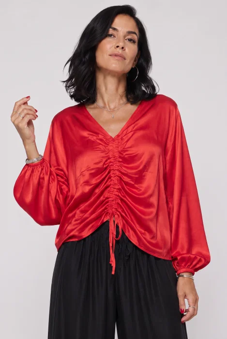 Bluza dama eleganta din satin de matase si vascoza cu fronseu reglabil - rosie