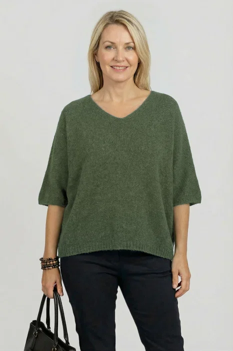 Pulover pufos cu alpaca, oversize cu maneca fluture, verde pastelat