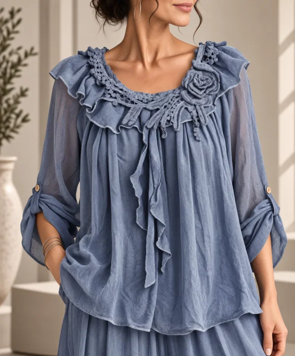 Bluza din matase si vascoza cu volan si dantela aplicata, albastru jeans usor prespalat