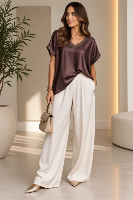 Bluza oversized din matase si vascoza satinata, cu fir auriu la decolteu in V, maro ciocolata
