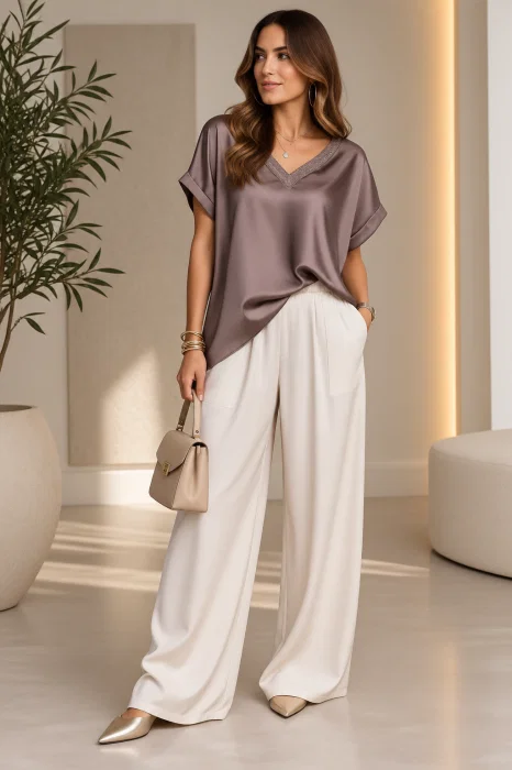 Bluza oversized din matase si vascoza satinata, cu fir auriu la decolteu in V, maro cald