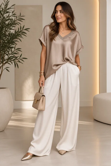 Bluza oversized din matase si vascoza satinata, cu fir auriu la decolteu in V, aurie
