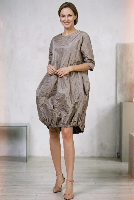 Rochie midi cu volum tip balon din tafta cu memorie, grej